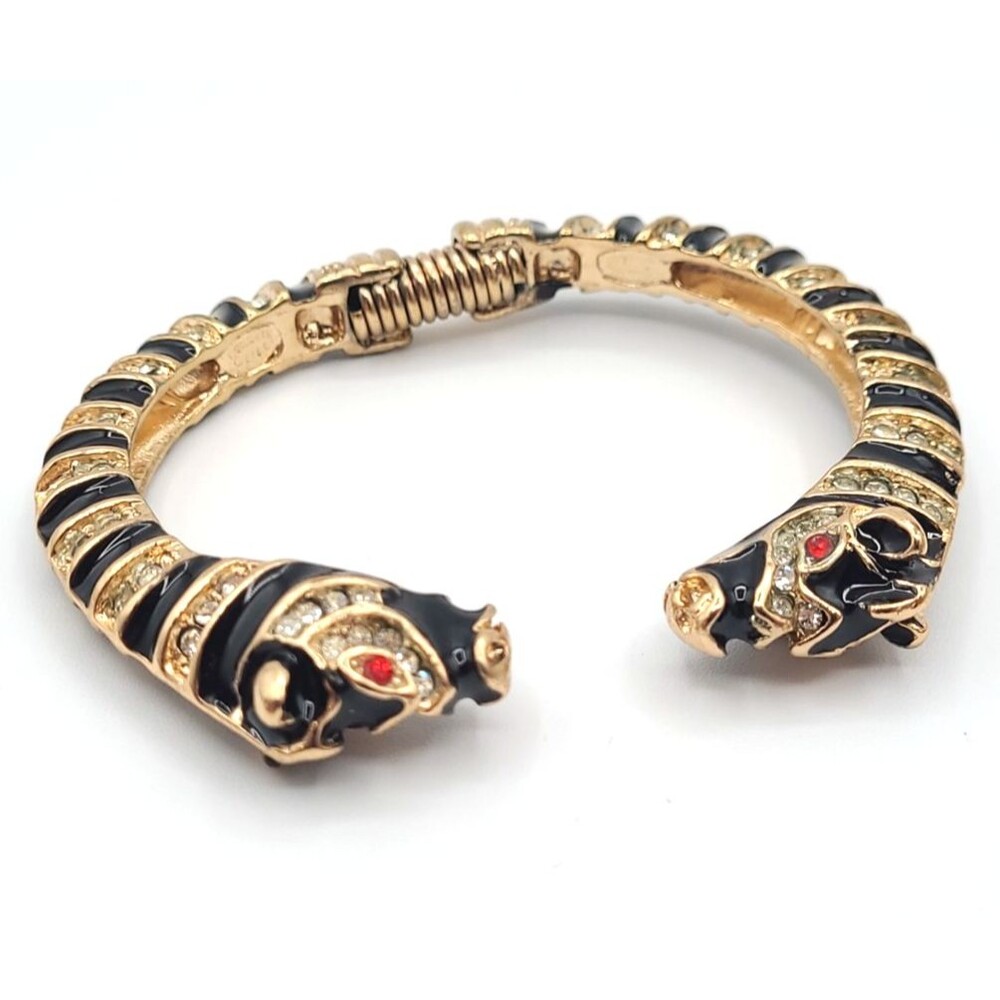 Vintage KENNETH JAY LANE Black Enamel White Rhinestone Zebra Bangle Bracelet